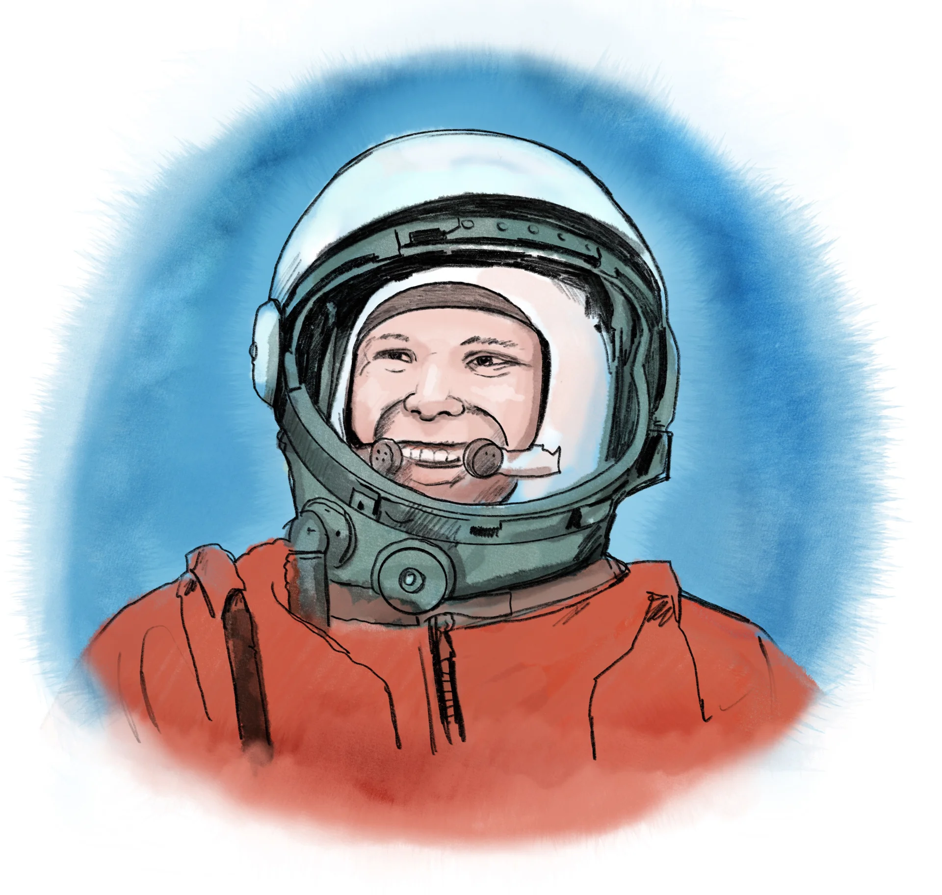 Juri Gagarin, russisk kosmonaut,tegning, humor, vitsetegning, karikatur, tegneserie, satire, fantasi, portrett, dyr, barnebok