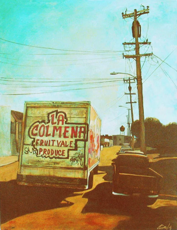 maleri, akryl, landskap, kunst, illustrasjon, by, biler, USA