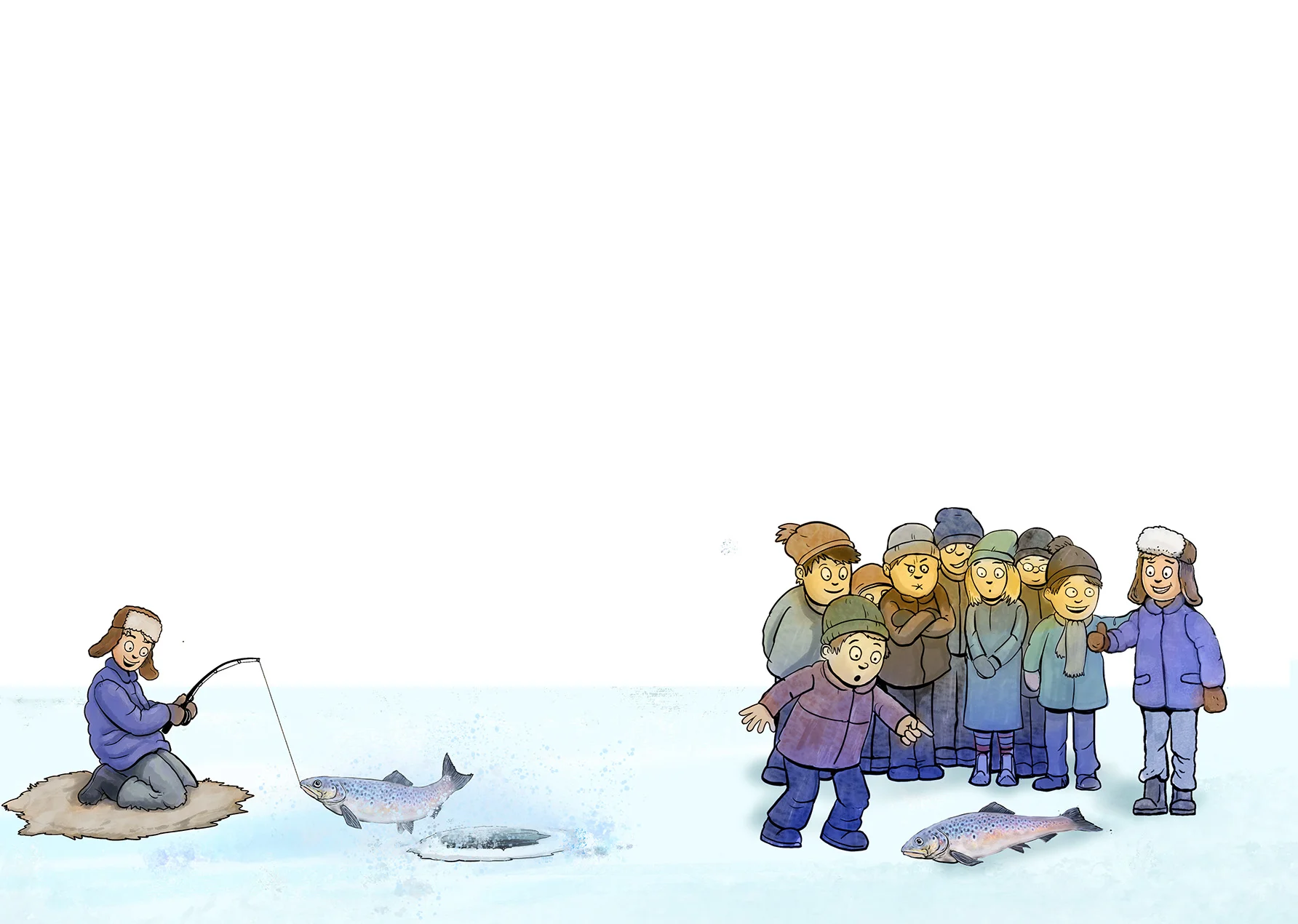 fiske, tegning, samisk, lettlestbok, bok, natur, vinter, snø, barn, ørret, fisk,barnebok