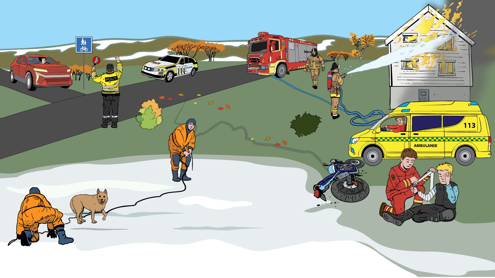 ulykke, bildebok, barnebok, barnehage, småbarn, eventyr, fantasi, lek, humor, følelser, vennskap, familie, søsken, foreldre, trygghet, omsorg, fellesskap, samarbeid,  mestring, nysgjerrighet, oppdagelse, hverdag, barnehageliv, dyr, natur, årstider, farger, former, rim, regler, språk, ord, samtale, læring, illustrasjon