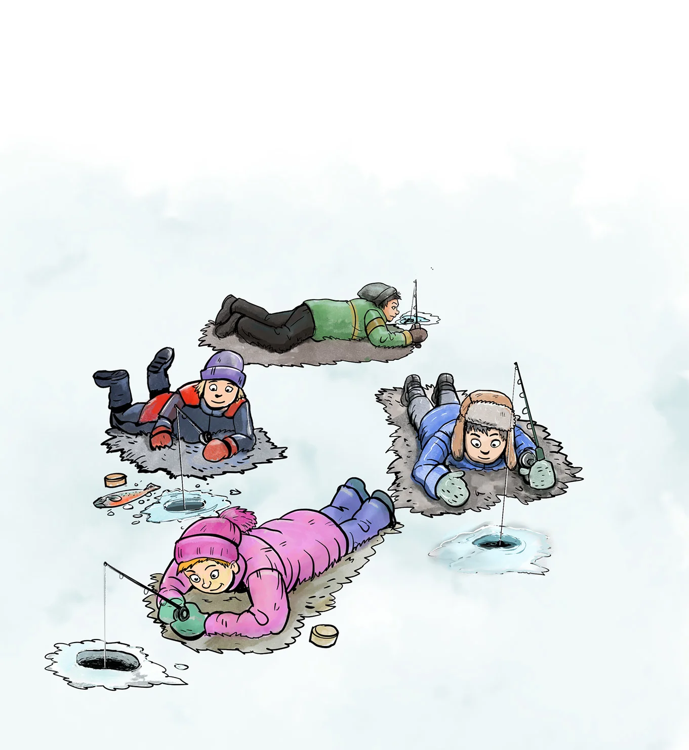 fiske, tegning, samisk, lettlestbok, bok, natur, vinter, snø, barn, ørret, fisk,barnebok